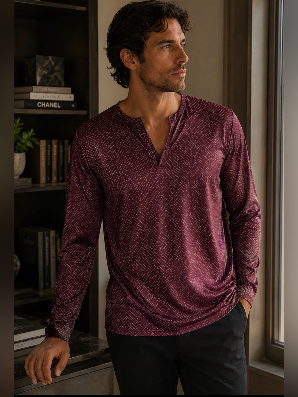 CON.STRUCT Burgundy Dot Print Henley Shirt XL Shiny Finish‎ NWT